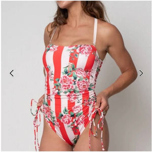 Floral Striped One-Piece Swimsuit - Red and White